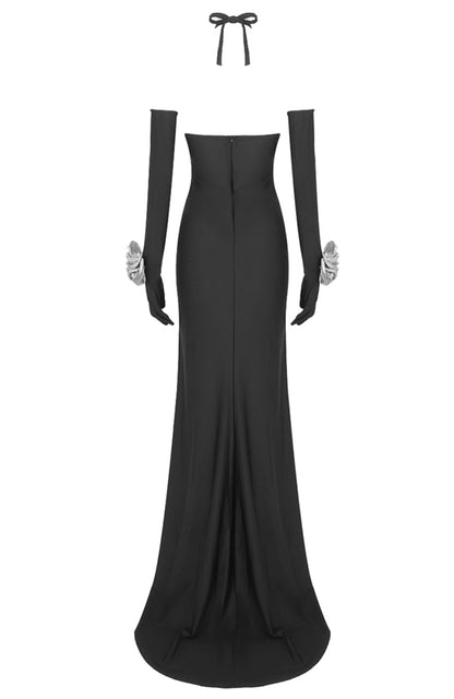 Amanda Halter Flower Detail Maxi Dress In Black