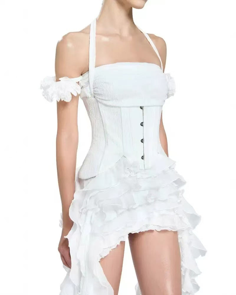 Chisato Halterneck Ruffled Draped Dress In White