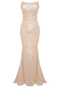 Haelric Strapless Crystal Sequined Maxi Dress In Nude