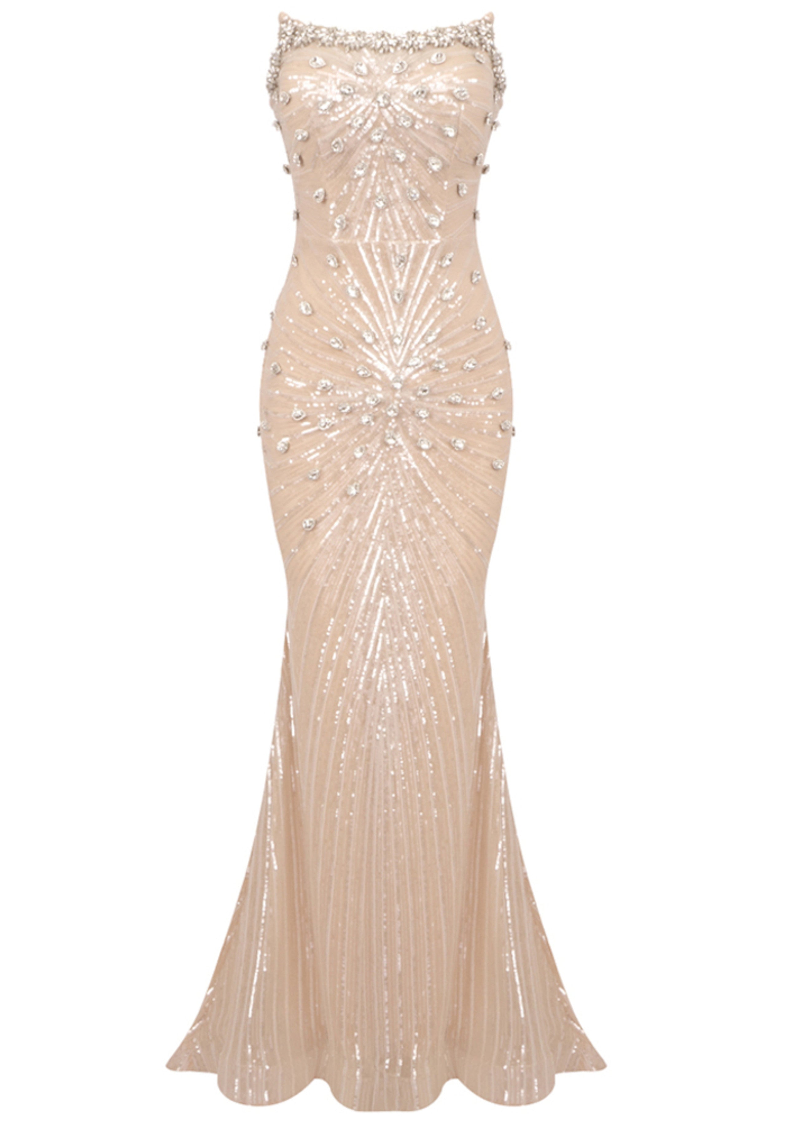 Haelric Strapless Crystal Sequined Maxi Dress In Nude