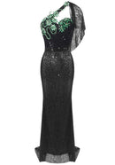 Letisha One Shoulder Crystal Floral Sequin Maxi Dress In Black