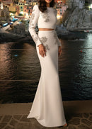 Gyrexa Long Sleeve Crystal Two Piece Maxi Dress In White