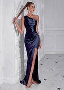 Navya One Shoulder Draped Maxi Dress In Navy Blue