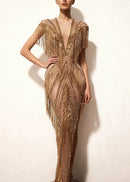 Doly Fringe Sequin Crystal Maxi Dress In Gold