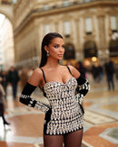 Naviya Crystal Embellished Bandage Dress With Gloves