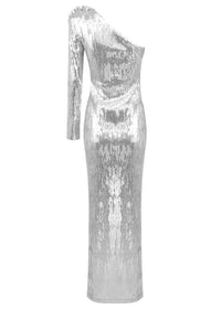 Terrica Floral-Appliqué Sequin Gown In Silver