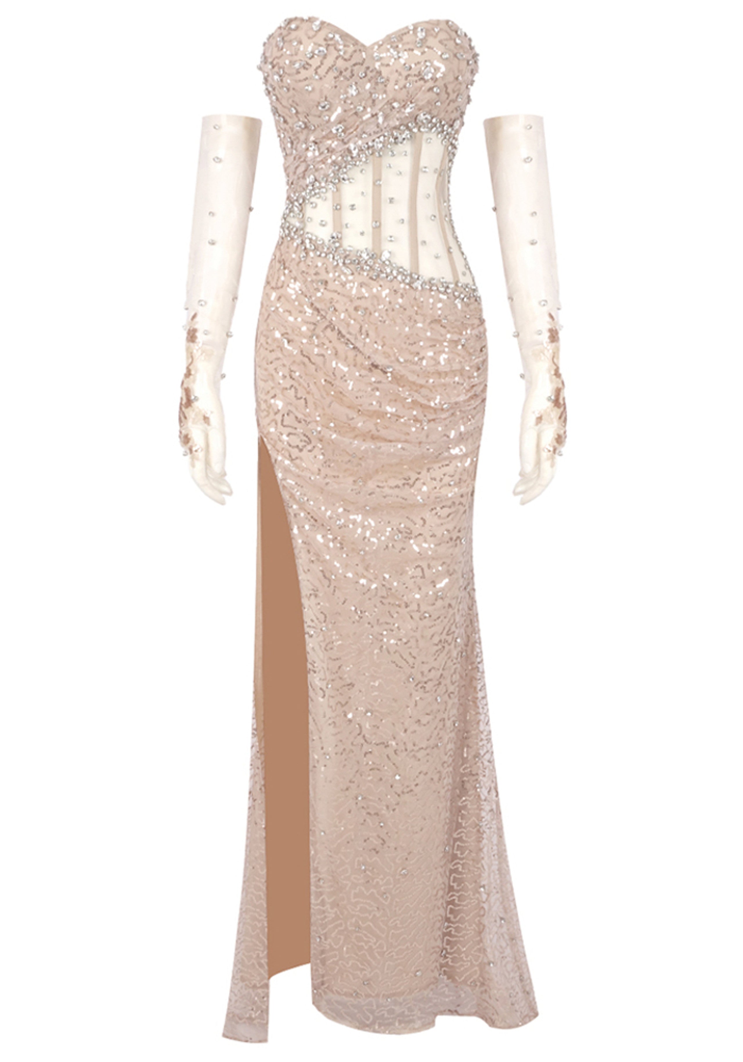 Cortel Strapless Crystal Sequin Corset Maxi Dress In Nude – Night Novas