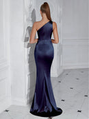 Navya One Shoulder Draped Maxi Dress In Navy Blue