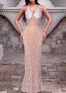 Cyvra Halter Pearl Maxi Dress In Nude
