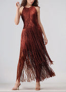 Natesa Halter Tassel Maxi Dress In Brown