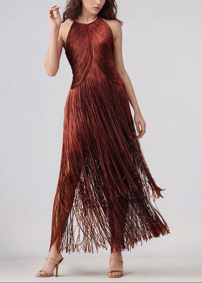 Natesa Halter Tassel Maxi Dress In Brown
