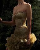 Geodar Crystal Strapless Feather Mini Dress In Gold