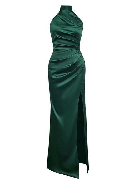 Atarah Halter Slit Satin Mermaid Maxi Dress In Green