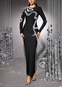 Ezron Long Sleeve Crystal Design Maxi Dress In Black