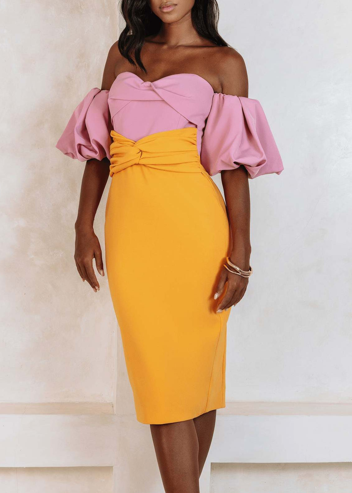 Dzhokar Puff Sleeve Bardot Midi Dress