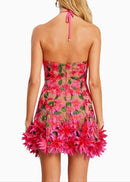 Raziya Halter Floral Embroidered Mini Dress In Hot Pink