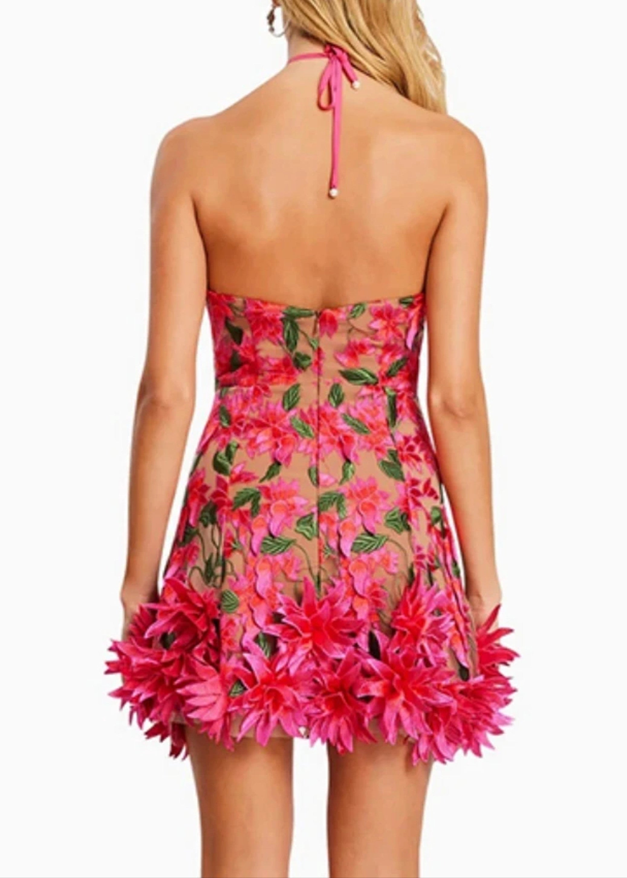Raziya Halter Floral Embroidered Mini Dress In Hot Pink