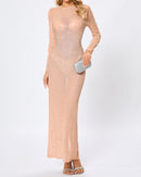 Hilaria Long Sleeve Crystal Mesh Maxi Dress In Nude