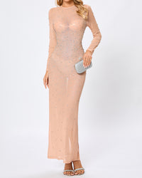 Hilaria Long Sleeve Crystal Mesh Maxi Dress In Nude