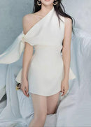 Zyxaris Asymmetric One Shoulder Flare Mini Dress In White