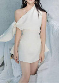 Zyxaris Asymmetric One Shoulder Flare Mini Dress In White
