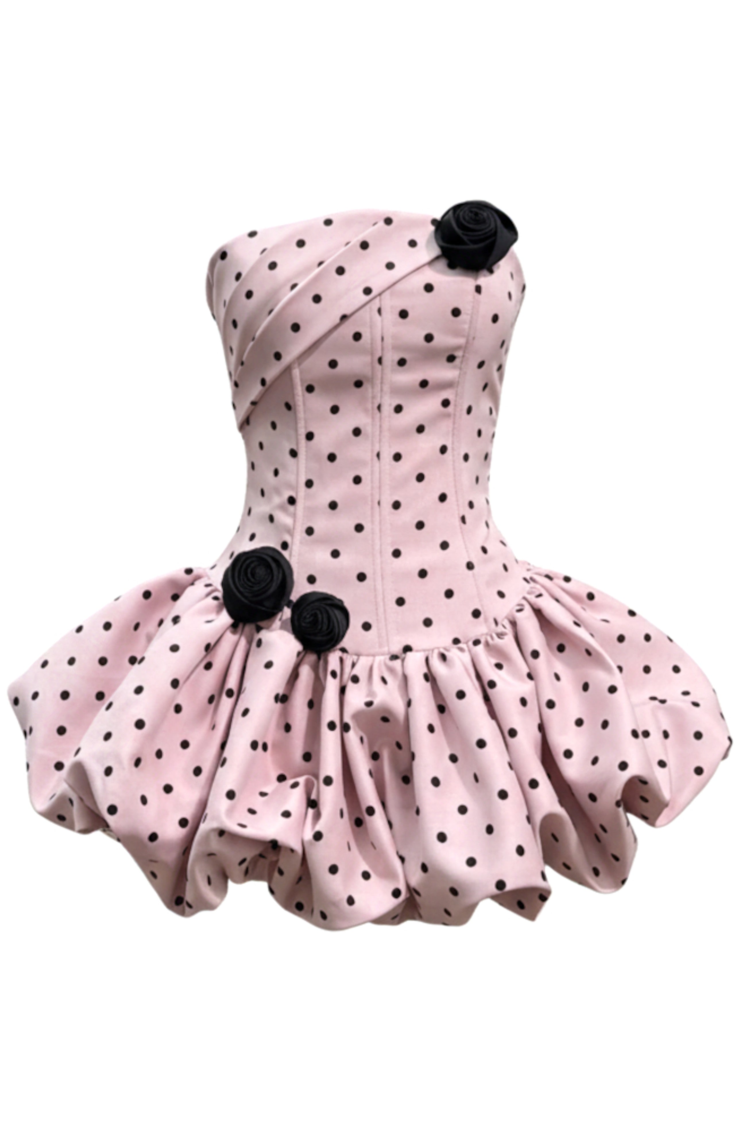 Ahanu Polka Dot Strapless Floral Corset Puff Mini Dress In Pink