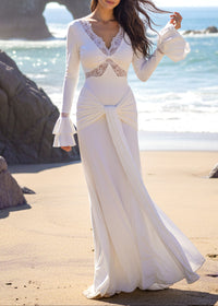 Grabrol Long Sleeve Lace Draped Maxi Dress In White