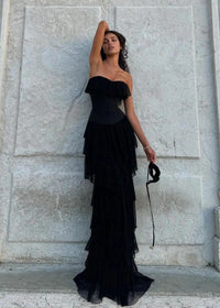 Koper Corseted Chiffon Maxi Dress Two-Piece Set In Black