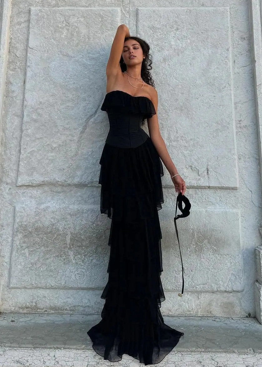 Koper Corseted Chiffon Maxi Dress Two-Piece Set In Black
