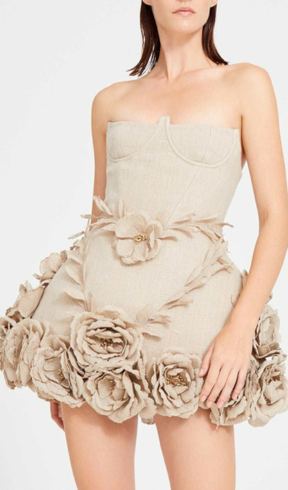 Adlai Linen Corset Flower Details Mini Dress In Beige