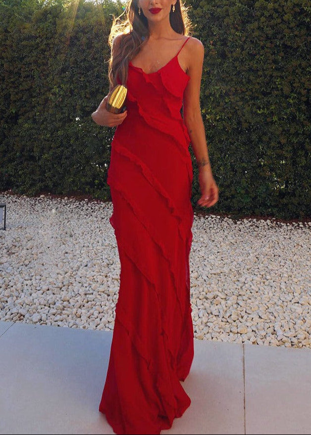 Kafele Wavy Slit Maxi Dress In Red