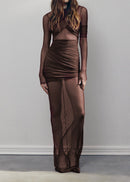Ramesh Long Sleeve Mesh Insert Draped Maxi Dress In Brown
