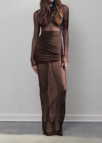 Ramesh Long Sleeve Mesh Insert Draped Maxi Dress In Brown