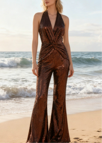 Lizbeth Halter Draped Sequin Jumpsuit In Brown
