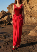 Cazmir Velvet Bustier Draped Maxi Dress In Red