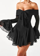 Jancis Long Sleeve Bardot A Line Dress In Black