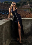 Fyriael Halter Structured A Line Maxi Denim Dress