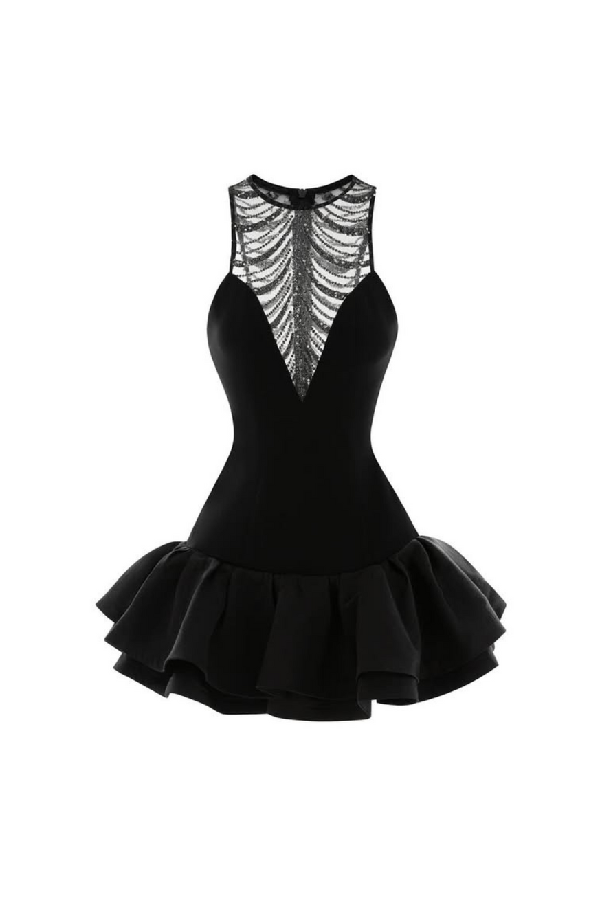 Tyxaris Sequin Tulle Ruched Hem Mini Dress In Black