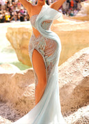 Cyrix Strapless Draped Crystal Maxi Dress In Green