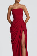 Solvian Burgundy Ruched Maxi Dress with Cross Front