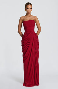 Solvian Burgundy Ruched Maxi Dress with Cross Front