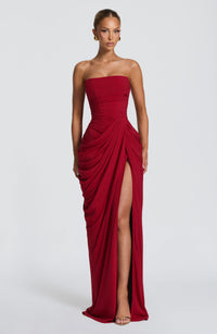 Solvian Burgundy Ruched Maxi Dress with Cross Front