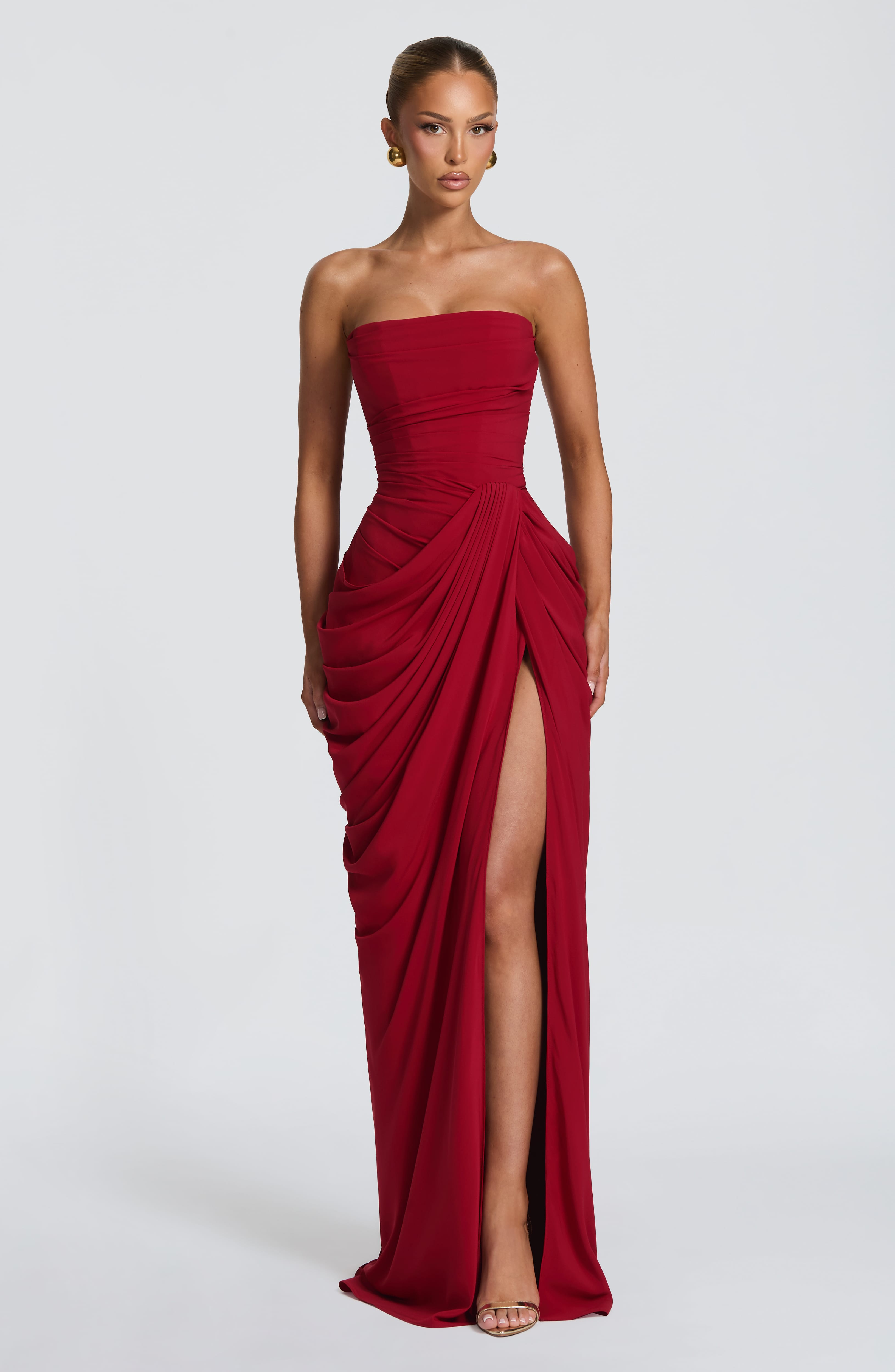 Solvian Burgundy Ruched Maxi Dress with Cross Front