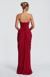 Solvian Burgundy Ruched Maxi Dress with Cross Front