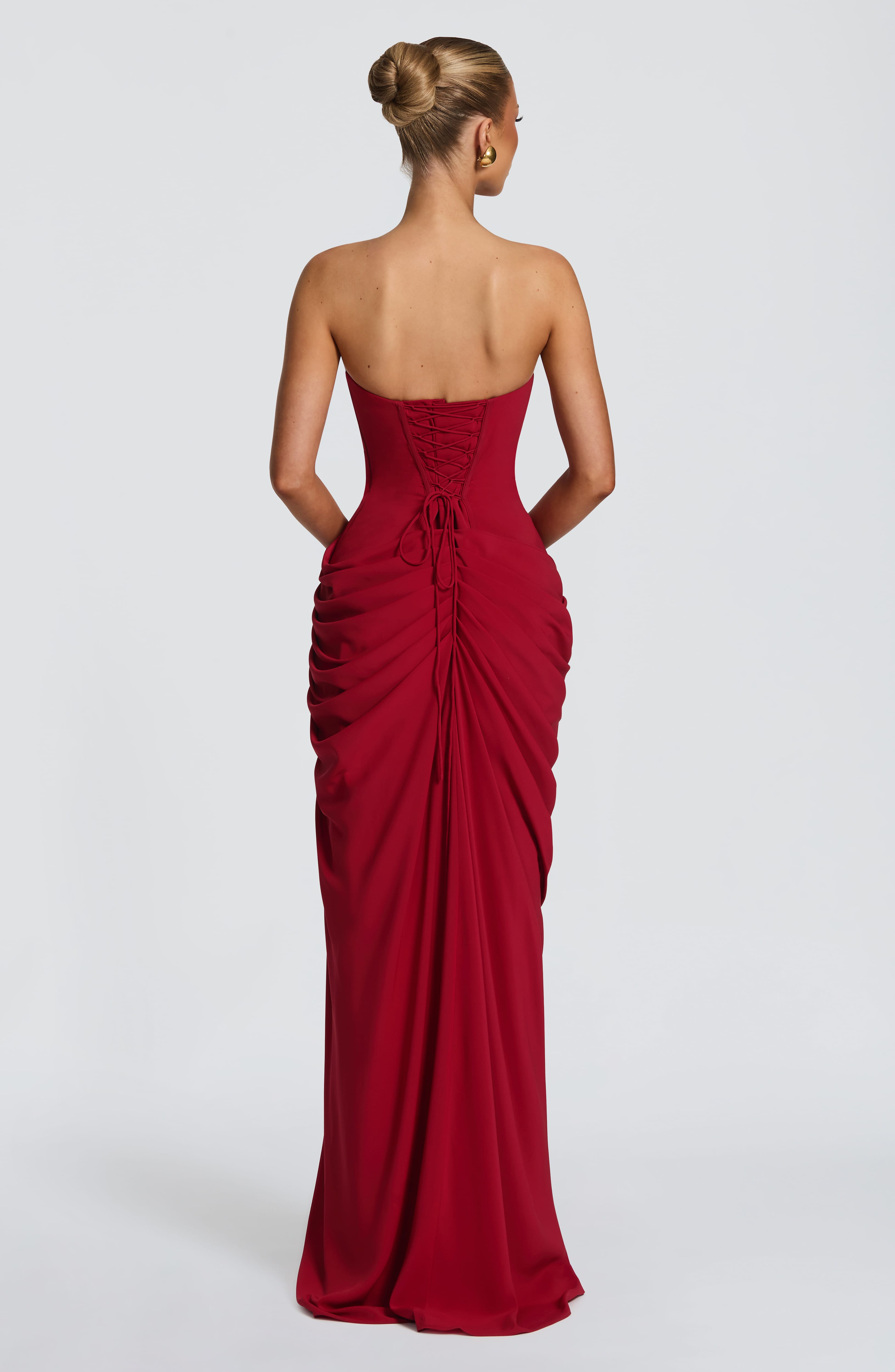 Solvian Burgundy Ruched Maxi Dress with Cross Front