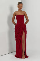 Solvian Burgundy Ruched Maxi Dress with Cross Front