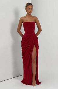 Solvian Burgundy Ruched Maxi Dress with Cross Front