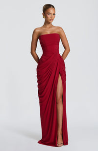 Solvian Burgundy Ruched Maxi Dress with Cross Front