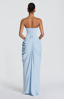 Solvian Glacier Blue Ruched Maxi Dress with Cross Front