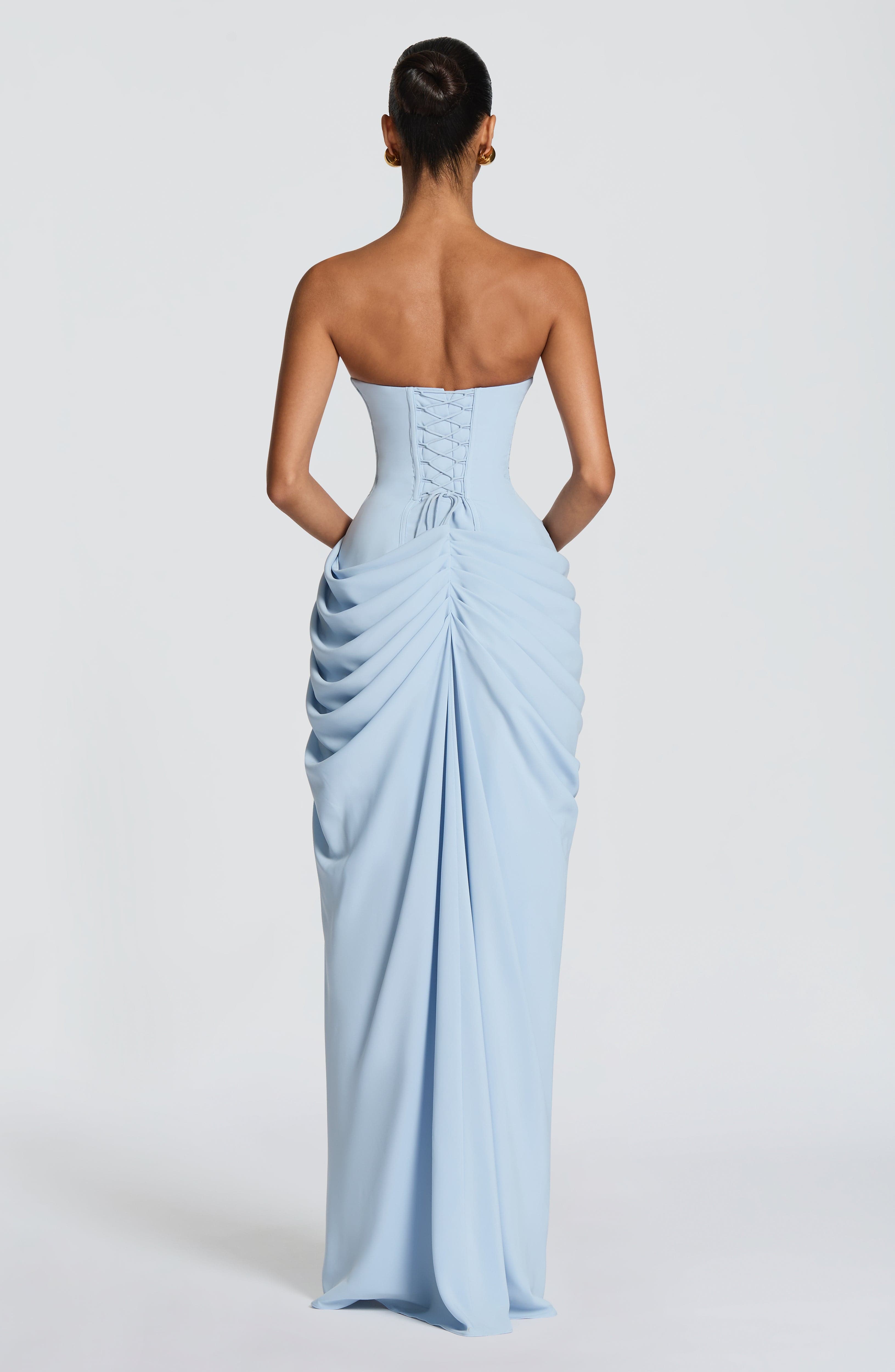 Solvian Glacier Blue Ruched Maxi Dress with Cross Front